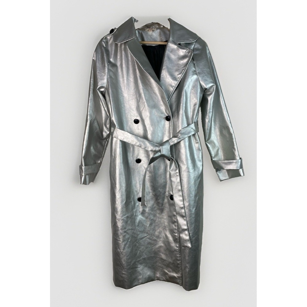 Peach Women's M Metallic Silver Lined Double Breasted Belted Trench Coat